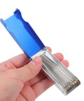Hand holding Stainless Steel Welding Nozzle Tip Cleaner Kit 13 Piece High Temp Resistant Torch Cleaning Set in blue aluminum case.