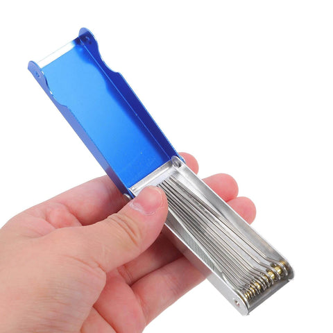 Hand holding Stainless Steel Welding Nozzle Tip Cleaner Kit 13 Piece High Temp Resistant Torch Cleaning Set in blue aluminum case.
