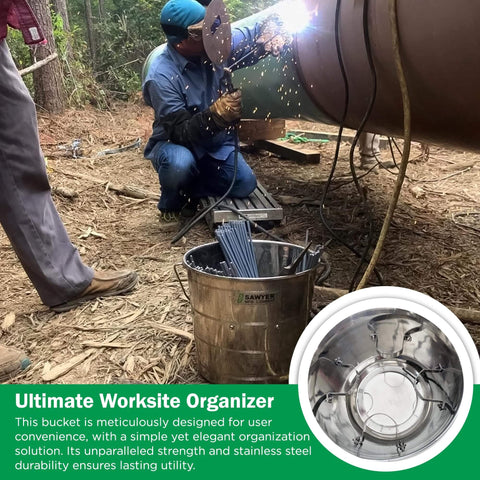 Stainless Steel Welding Rod Bucket With Partitioned Storage For Electrodes And Stubs in use at worksite