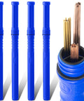 Heavy Duty 4 Pack Welding Rod Storage Canisters For TIG Rods And Electrodes 40 Inch Long Airproof Waterproof ABS Case With O Ring Seal Triple Compartments For Easy Organization Blue, shown stacked and open with rods