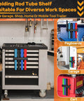 4 Slot TIG Welding Rod Holder Storage Rack attached to tool carts, pegboards, and garage walls, organizing filler rod tubes neatly.