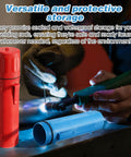 Person using welding tool near red and blue 2 Pcs Welding Rod Storage Tube 14 Inch Airproof Waterproof Electrode Sticks Container.