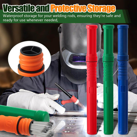Welder using 4 Pack 40 Inch Welding Rod Storage Tubes For TIG Electrodes Airproof Waterproof Canisters, color coded, durable ABS construction.