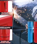 Two Pack 14 Inch Welding Rod Storage Tubes In Red And Blue Airproof And Waterproof Electrode Canisters For Keeping Stick Electrodes Organized By Type Or Size On The Job Site, shown with welding sparks and close-ups of product features.