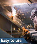 Welder using ER308L Stainless Steel TIG Welding Rod Pro Grade 1/16 Inch by 16 Inch with sparks flying, depicting ease of use and stability.