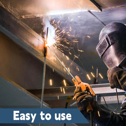 Welder using ER308L Stainless Steel TIG Welding Rod Pro Grade 1/16 Inch by 16 Inch with sparks flying, depicting ease of use and stability.