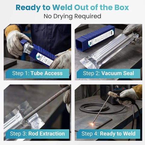 Pro Grade E7018 Low Hydrogen Welding Rod For Carbon Steel 3 32nd Inch Diameter 5 Lb Pack showing steps: tube access, vacuum seal, rod extraction, ready to weld
