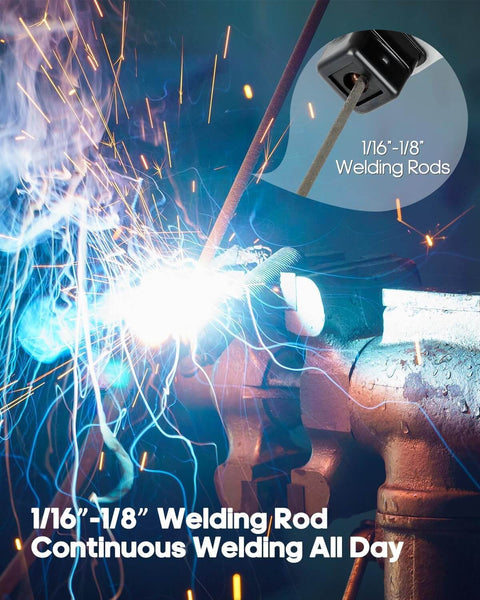 Close-up of welding using 1/16 in to 1/8 in rods, showcasing sparks and continuous operation. Portable Handheld Arc Welder with IGBT Inverter 110V 20-120A