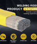 E6011 1/8 Inch Arc Welding Rods in a yellow box, showcasing smooth arc and low spatter features for strong steel welding.