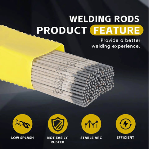 E6011 1/8 Inch Arc Welding Rods in a yellow box, showcasing smooth arc and low spatter features for strong steel welding.