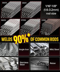 Image showing various welding rods including E6013, E6011, E6010, E7018, E308, suitable for 205 Amp Mini Stick Welder 110V With Lift TIG.