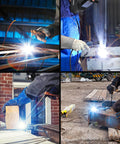 Four scenes of All Purpose One Eighth Inch Carbon Steel Welding Rods for Stick Welding E6013 Electrodes in various welding applications.