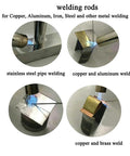 Collage of stainless steel, copper, and brass welding rods in pipe welding and joint fusing processes.