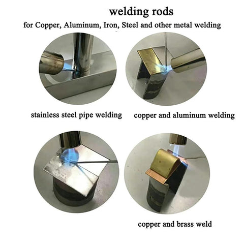 Collage of stainless steel, copper, and brass welding rods in pipe welding and joint fusing processes.