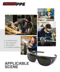 Men wearing Welding Safety Glasses ANSI Z87 IR Shade 5 Wraparound Lenses UV Protection during welding and metalworking.