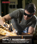 Man wearing Welding Safety Glasses ANSI Z87 IR Shade 5 Wraparound Lenses UV Protection using a grinder