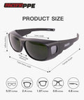 Welding Safety Glasses ANSI Z87 IR Shade 5 Wraparound Lenses UV Protection with size dimensions in inches, side view.