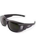 Black Welding Safety Glasses ANSI Z87 IR Shade 5 Wraparound Lenses UV Protection with polycarbonate frame and side view.