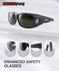 Side view of black welding safety glasses with high-end optics and wraparound lenses, featuring a PC full frame, enhancing safety.