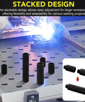 12 Piece Welding Table Fixture Pins Set for five eighth inch holes, displayed on welding table with stacked design illustration.