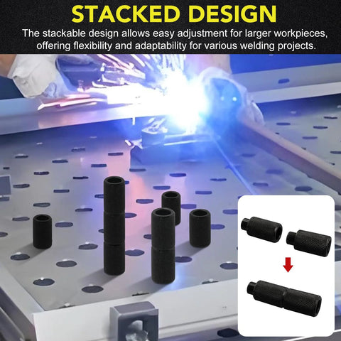 12 Piece Welding Table Fixture Pins Set for five eighth inch holes, displayed on welding table with stacked design illustration.