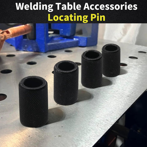 12 Piece Welding Table Fixture Pins Set For Five Eighth Inch Holes, black locating pins on a metal table surface