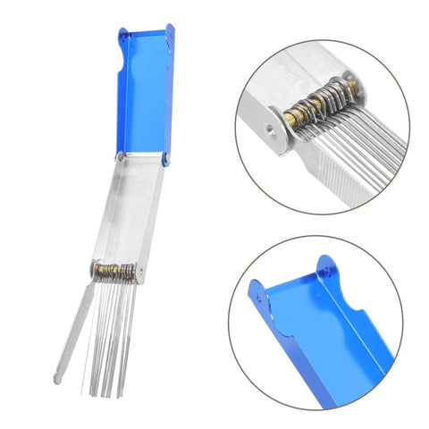 13 Piece Welding Tip Cleaner Kit With Stainless Steel Cleaning Needles In Durable Aluminum Case For Gas Welding Emergency Repairs And On The Go Maintenance, open view showing cleaning needles and aluminum case.