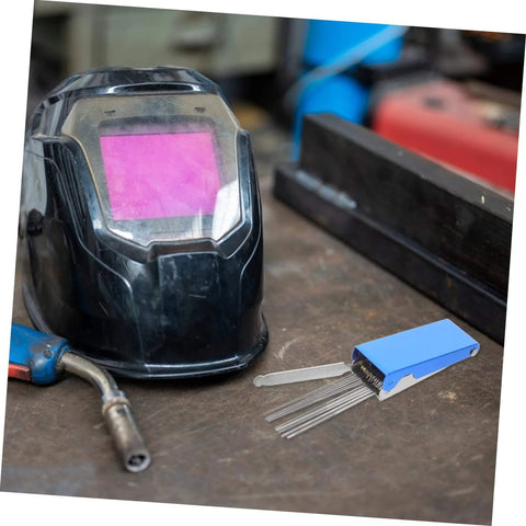 13-Piece Stainless Steel Welding Tip Cleaner Kit With Aluminum Case on workbench next to welding helmet and torch nozzle.