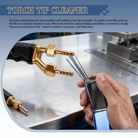 Close-up of torch tip cleaner included in Comprehensive 22 Piece Welding Accessories Kit with Heavy Duty Chipping Hammer Soapstone Holder 16 Foot Tape Measure 50 Pound Magnet Triple Flint Striker Torch Cleaner Wire Brush And More