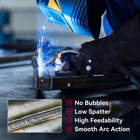 Welder using Flux Core Welding Wire.030 E71T-GS Mig for gasless welding on mild carbon steel, showing welding benefits like smooth arc and low spatter.