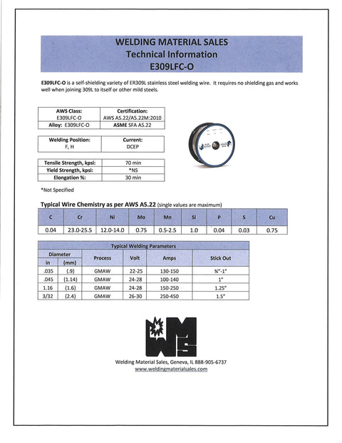 Technical information sheet for Gasless Flux Core Stainless Steel Welding Wire For 309L To 309L Or Mild Steel, ER309LFC-O