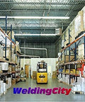 Warehouse view showing shelves of Top Notch ER70S-2 Mild Steel TIG Welding Rods Copper Coated for WeldingCity distribution.
