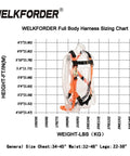 Industrial Fall Protection Safety Harness With 6-Foot Shock Absorber Lanyard Permanent Attached Kit For Personal Fall Arrest System PFAS ANSI Compliant sizing chart.