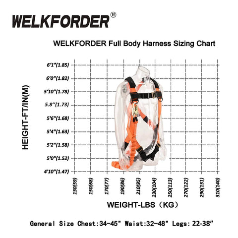 Industrial Fall Protection Safety Harness With 6-Foot Shock Absorber Lanyard Permanent Attached Kit For Personal Fall Arrest System PFAS ANSI Compliant sizing chart.