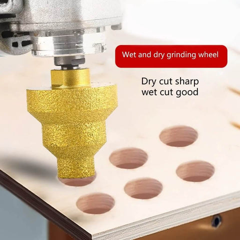 Wet and dry grinding wheel drilling holes in wood surface