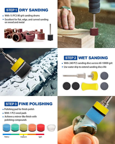 1 Inch Wet And Dry Sanding Discs And Drums Kit For Rotary Tool 60 To 10000 Grit used for wood, metal, glass finishing.