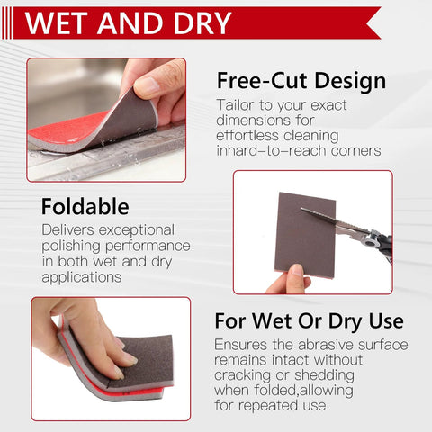 24 Piece Sanding Sponge Set 3x4 Inch with Grit Range 120 to 3000 Hook and Loop, showing foldable design and cutting feature for wet and dry use