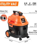 Wet Dry Vacuum, Two Point Five Gallon, 2 Peak HP, 120 Volt AC, Portable Compact Utility Vacuum With Blower, Orange And Black