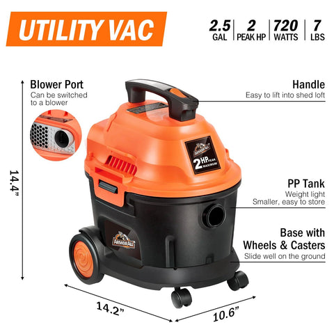Wet Dry Vacuum, Two Point Five Gallon, 2 Peak HP, 120 Volt AC, Portable Compact Utility Vacuum With Blower, Orange And Black