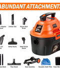 Wet Dry Vacuum, Two Point Five Gallon, 2 Peak HP, 120 Volt AC, Portable Compact Utility Vacuum With Blower, Orange And Black, shown with accessories.