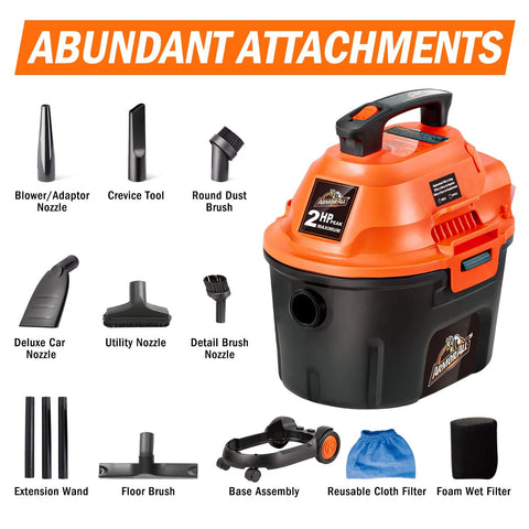 Wet Dry Vacuum, Two Point Five Gallon, 2 Peak HP, 120 Volt AC, Portable Compact Utility Vacuum With Blower, Orange And Black, shown with accessories.