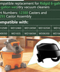 Foot Caster And Caster Wheel Kit For 6 Gallon And 16 Gallon Wet Dry Vacuums showing vacuum compatibility chart and wheel close-up.