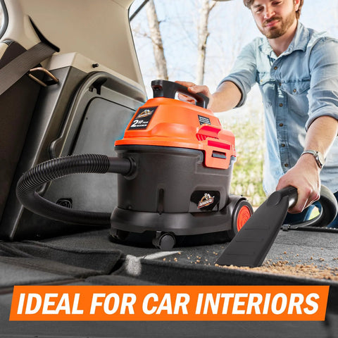 Wet Dry Vacuum, Two Point Five Gallon, 2 Peak HP, 120 Volt AC, Portable Compact Utility Vacuum cleaning car trunk with blower