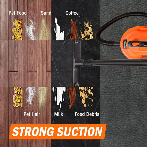 Orange and black Wet Dry Vacuum, Two Point Five Gallon with 2 Peak HP demonstrating strong suction on pet food, sand, coffee, and debris.