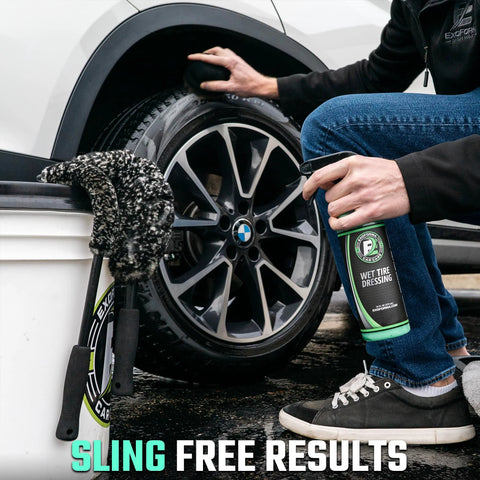 Person applying Ultra Wet Tire Dressing Spray Delivers Extreme Shine With Non Greasy Silicone Formula And UV Protection on car tire