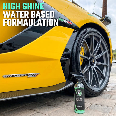 Ultra Wet Tire Dressing Spray Delivers Extreme Shine With Non Greasy Silicone Formula And UV Protection Preventing Sling Easy To Apply With Minimal Cure Time 16 Oz Water Based Finishes A Pristine Wet Look next to a yellow sports car wheel.