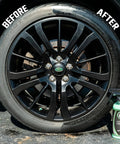 Car tire with before and after application of Ultra Wet Tire Dressing Spray Delivers Extreme Shine With Non Greasy Silicone Formula