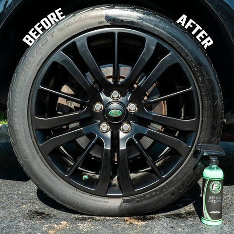 Car tire with before and after application of Ultra Wet Tire Dressing Spray Delivers Extreme Shine With Non Greasy Silicone Formula