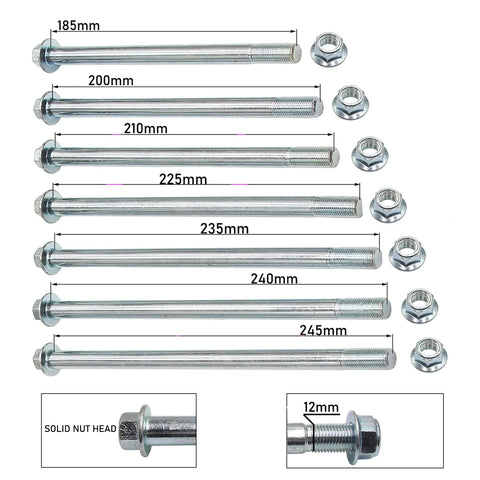 Assorted wheel axle bolts with lock nuts, including 12mm Wheel Axle Bolt 210mm Length for Dirt Bikes ATVs Swing Arm Front And Rear Axles 12mm Diameter With Lock Nut High Strength Replacement Part For Pit Pro Dirt Bikes Quad Bikes And Motorcycles