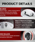 Image detailing the high-carbon steel bearing, high-strength studs, and high sealing of 515160 Front Wheel Bearing and Hub Assembly.